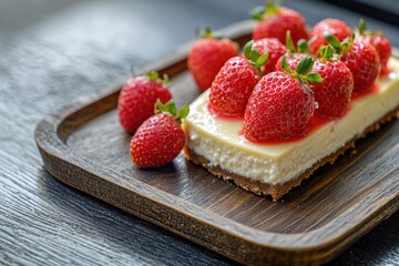 Fresh strawberries sit atop a rich cheesecake