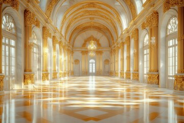 Grand hall with ornate architecture and golden accents, showcasing elegance.