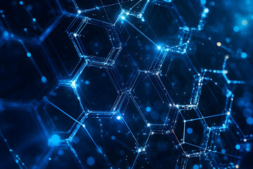 Abstract background with dark blue hexagons, glowing edges, and lights