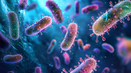 Fototapeta premium Group of bacteria cells in human blood sample under microscope view