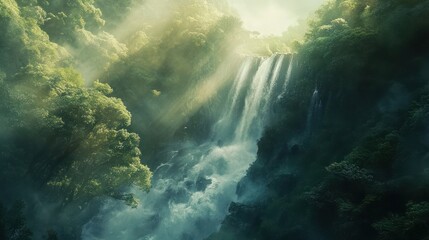 Fototapeta premium Sunlit Waterfall in Lush Jungle; Tranquil Nature Scene (2)