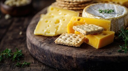 A wooden board topped with crackers and cheese, perfect for snacking or entertaining