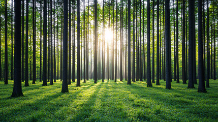 Obraz premium Sunlight filtering through tall trees in a serene forest, casting shadows on lush green grass