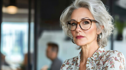 Fototapeta premium Elegant older woman with gray hair and glasses, wearing floral blouse, exuding confidence in modern cafe setting