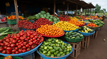 Vibrant market scene showcasing a variety of fresh vegetables and fruits in colorful baskets
