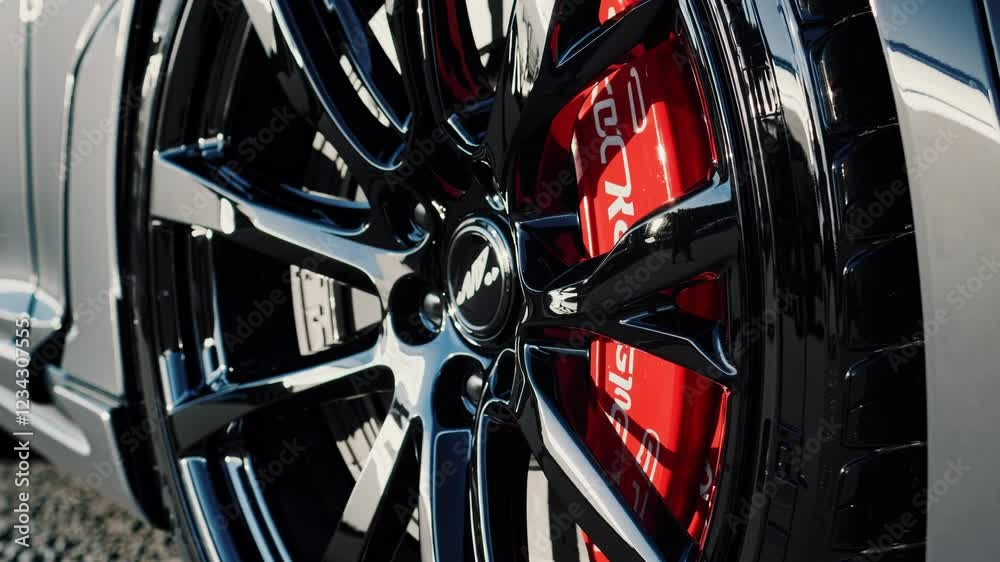 Poster a tight focus on a glossy black alloy wheel, with a striking red brake caliper visible through the s
