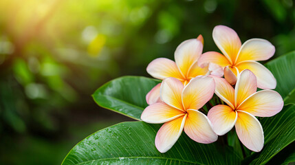 Fototapeta premium Vibrant plumeria flowers blooming amidst lush green foliage in a serene garden setting