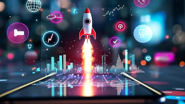 Rocket launching from phone screen, digital cityscape background; startup success concept
