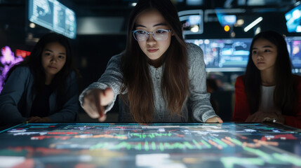 Fototapeta premium Innovative woman analyzing data on digital screen with colleagues. atmosphere is focused and collaborative, showcasing technology and teamwork in modern workspace