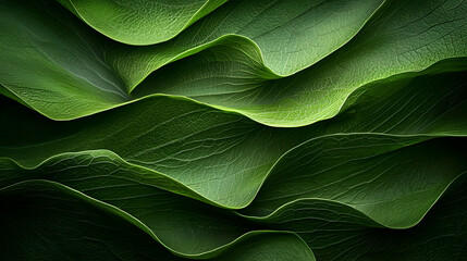 Obraz premium Layered green leaves with prominent veins create a wavy organic pattern in soft natural light.