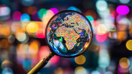 Magnified globe displaying a detailed map of the world with vibrant colors and topographic features