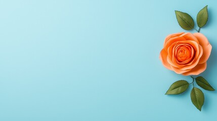 Fototapeta premium Peach Rose and Green Leaves on Light Blue Background