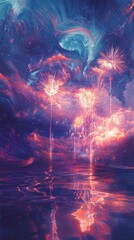 Obraz premium Fireworks Exploding Over a Serene Nightscape Ocean