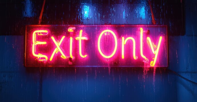 Vibrant neon sign saying Exit Only glowing under heavy rain. The wet surface reflects the pink and yellow hues creating a moody cinematic ambiance in the urban setting