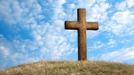 Wooden cross on hilltop, blue sky, clouds, faith