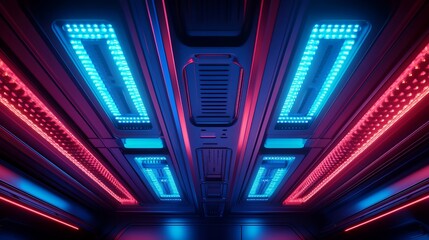 Obraz premium Futuristic Spaceship Glowing with Red and Blue Lights in a Dark Galactic Environment Surrounded by Stars and Nebulas Creating an Awe Inspiring Sci Fi Scene of Cosmic Adventure