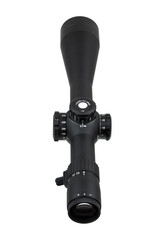 A high-quality rifle scope with adjustment knobs, a sleek black finish, and a clear lens, ideal for precision shooting and hunting.