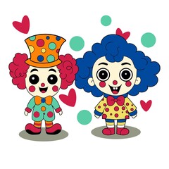 Two clowns, a girl and a boy in a circus on the podium, digital illustration 