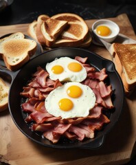 Sizzling bacon in a cast iron pan, with a side of eggs and toast, eggs, cast iron pan