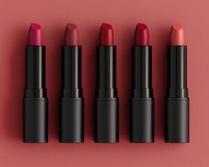 Obraz premium A collection of five stylish lipstick tubes in varying shades, set against a warm, coral backdrop.