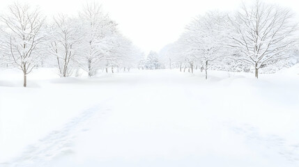 Fototapeta premium Snowy path through winter trees, tranquil landscape, winter wonderland scene