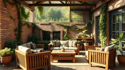 Fototapeta premium Serene outdoor living area with wooden furniture against brick wall, wooden deck, vintage design, peaceful