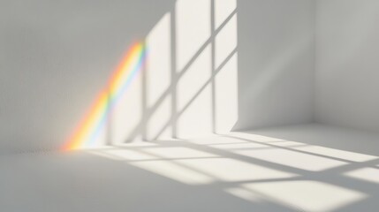 Obraz premium Bright Rainbow Shadow Effect in Minimalistic Interior Mockup with Soft Light and White Walls for Creative Design Projects