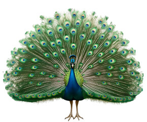 Obraz premium A beautiful peacock with a wide display of iridescent feathers. Transparent background