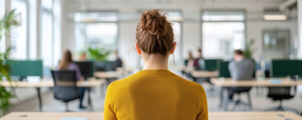 A woman sits at a desk in a modern office, facing away, with colleagues working in the background amidst a bright and inviting atmosphere.