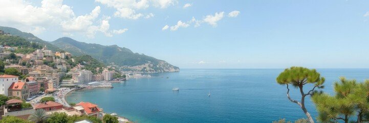 Obraz premium Scenic view of the vibrant seacoast of Amalfi on a sunny summer day, coastal landscape, panoramic view, summer getaway