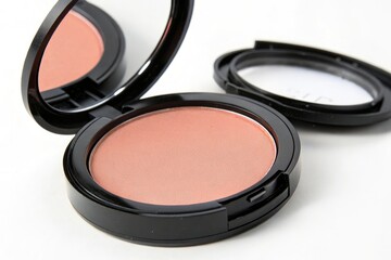 Round black compact case containing a light coral blush powder for adding a touch of warmth to the cheeks, minimalist packaging, coral blush, soft coral shade, makeup must haves