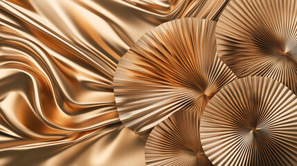 Luxurious metallic gold abstract composition with pleated circular shapes and flowing satin texture for elegant backgrounds, interior design, and sophisticated branding. Backdrop, wallpaper, d