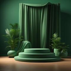 Serene green display with tiered platform, lush plants, and elegant draped fabric backdrop. Perfect for showcasing products or creating a calming aesthetic.