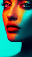 A striking close-up portrait featuring vibrant colors and dramatic lighting, emphasizing the model's captivating blue eyes and luscious lips.
