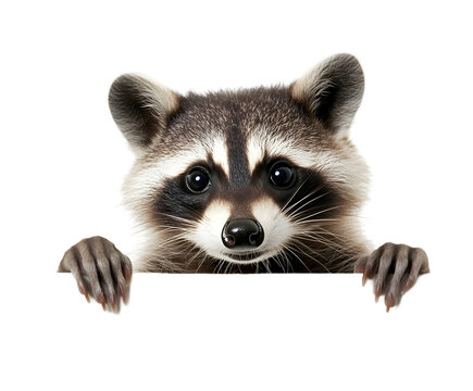 A curious raccoon with dark-ringed eyes, peering into the camera from a white surface. Transparent background


