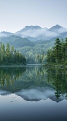 Naklejka premium Ripples on a lake's surface creating a mirrored image of the surrounding landscape, reflective surface, lake scene, natural reflection, , peaceful atmosphere