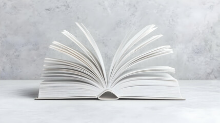 Open book, pages fanned, on table, grey background, education