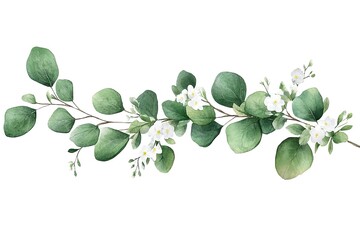 Obraz premium Vibrant Watercolor Eucalyptus Branch: Lush Green Leaves, Delicate White Number 3, Botanical Illustration, Perfect for Wedding Invitations, Greeting Cards, Branding, Logos, Packaging Design, 