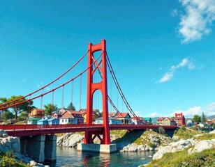 Obraz premium Red bridge and colorful houses under blue sky, houses, river