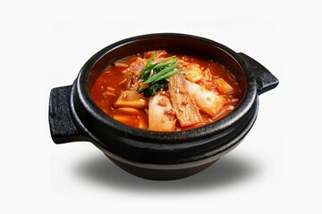 Kimchi Jjigae served in a black clay pot isolated on white background with clapping path full of depth