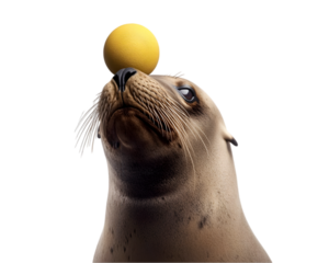A playful sea lion balancing a ball on its nose, set against a white background. Transparent background


