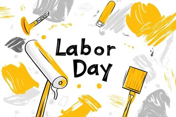 Engaging in the shared excitement of national Labor Day. Side view of american flag, set of tools, safety helmet, work gloves on wooden brown background with empty space for promo or text
