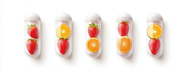 Colorful fruits in transparent containers, showcasing strawberries and oranges, arranged neatly on a white background.