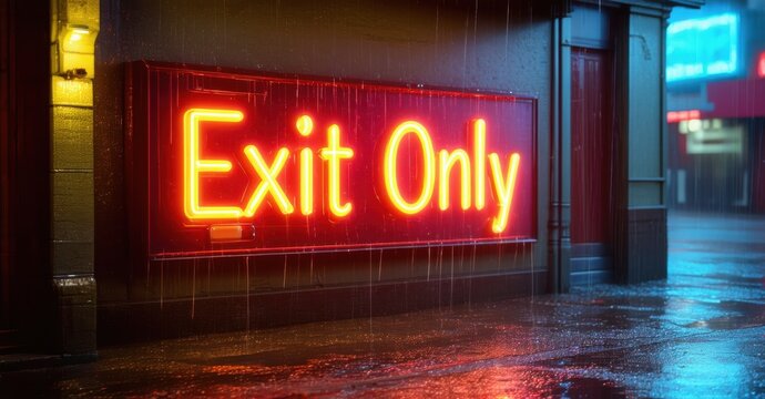 Vibrant neon sign saying Exit Only glowing under heavy rain. The wet surface reflects the pink and yellow hues creating a moody cinematic ambiance in the urban setting