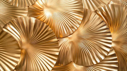 Elegant abstraction of golden metallic fan shapes with radial textures for luxurious interior decor, branding elements, and modern packaging design. Flat lay backdrop, wallpaper, background