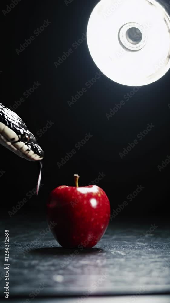 Poster a close-up of the snake’s head poised near the apple, both illuminated by a single spotlight in an o