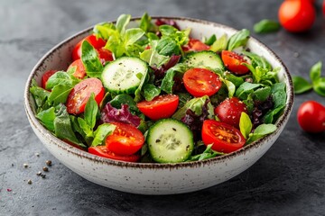 Fresh garden salad with tomatoes and cucumbers in a rustic bowl on a dark countertop