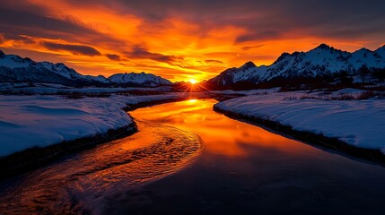 Fiery Sunset over Snowy Mountains and a