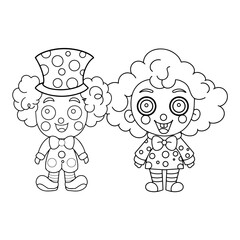 Two clowns, a girl and a boy in a circus on the podium, digital illustration 