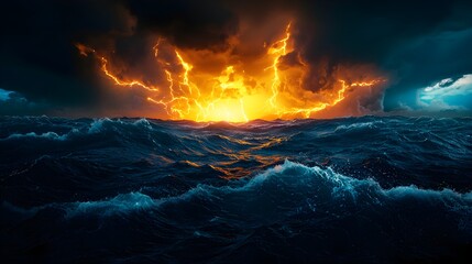 Fototapeta premium Fiery Sunset Over Stormy Sea Dramatic